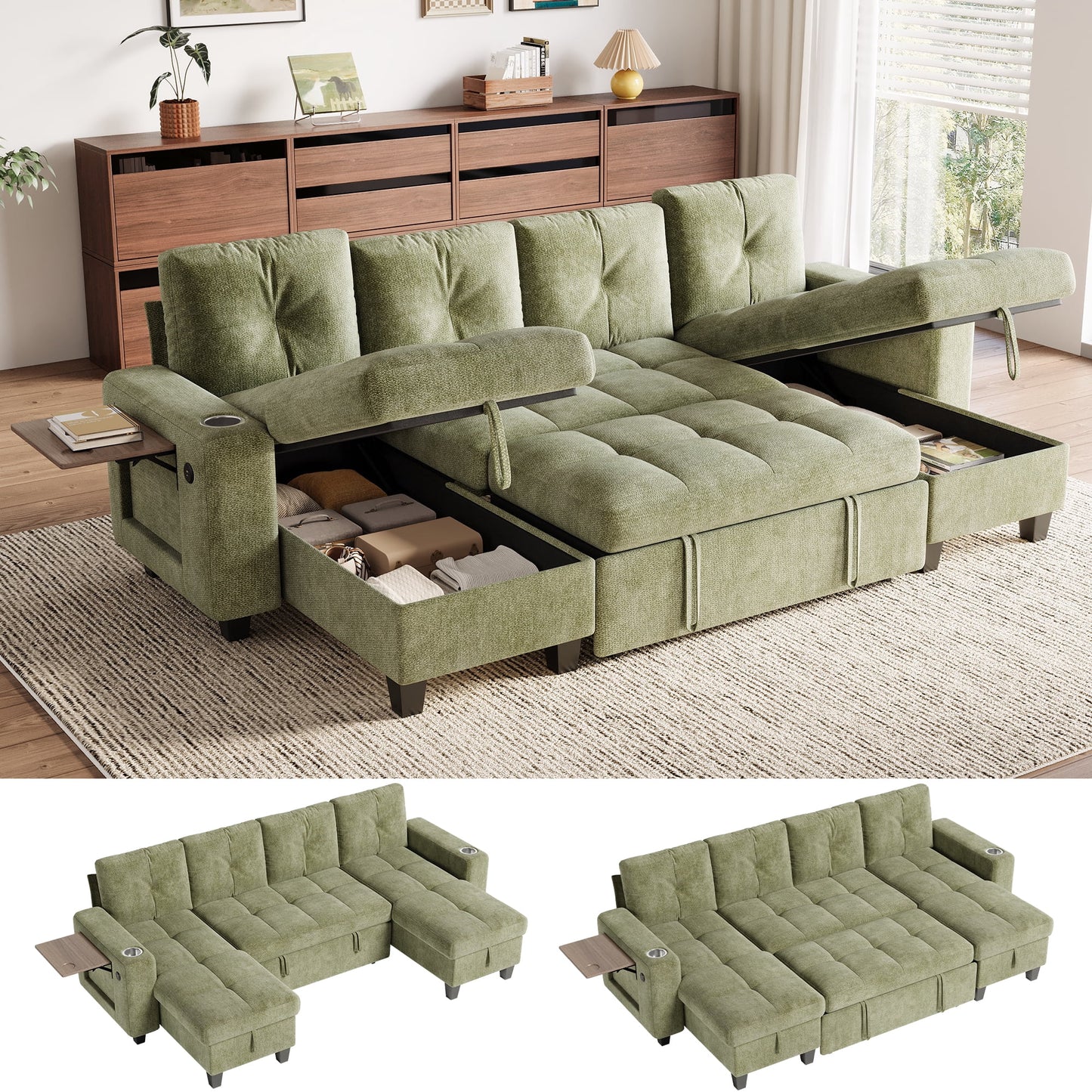 LINSY HOME 109in Modular Sectional Sofa with Pull Out Bed, Foldable Side Table & Storage Chaise, 4-Seat U Shape Couch with USB Charging for Living Room, Chenille Green