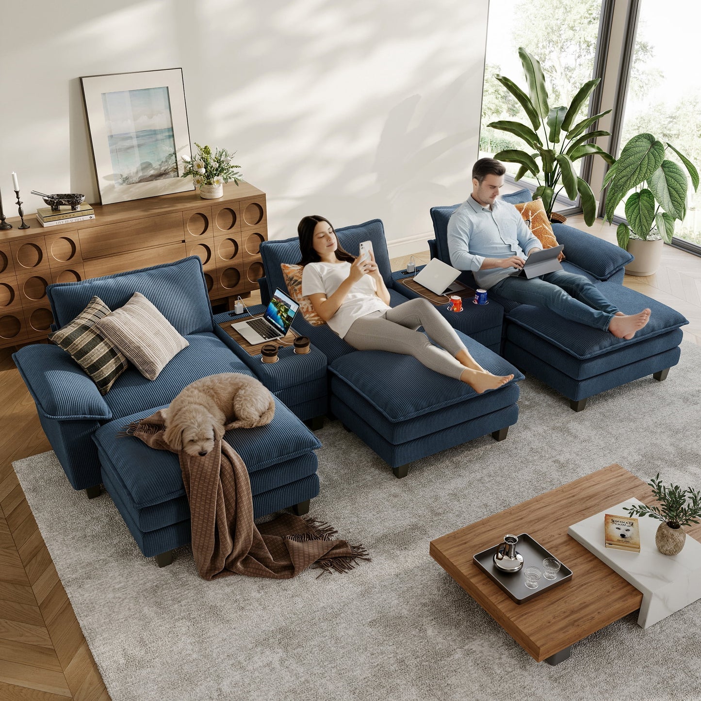 Linsy Home Oversized Modular Cloud Sectional Sofa with 3 Ottomans, 6 Seat Couches and Sofas Sectional with Versatile Console