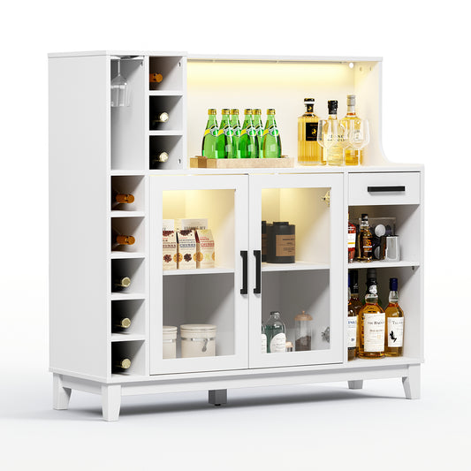 Coffee Bar Cabinet with LED Light, Buffet Sideboard with Glass Holder and Doors