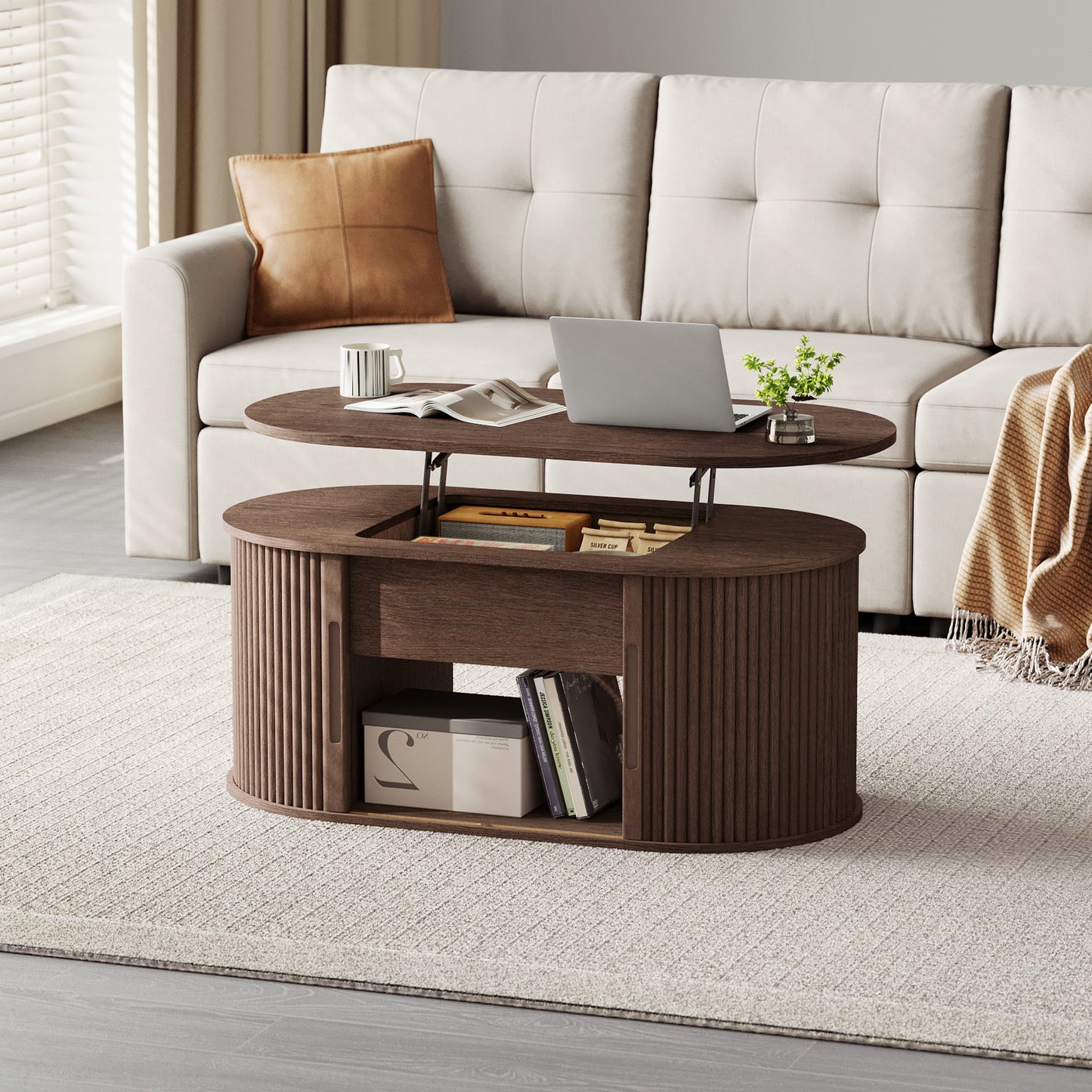 Mid-Century Lift-Top Coffee Table with Fluted Details & Hidden Storage, Sliding Tambour Door