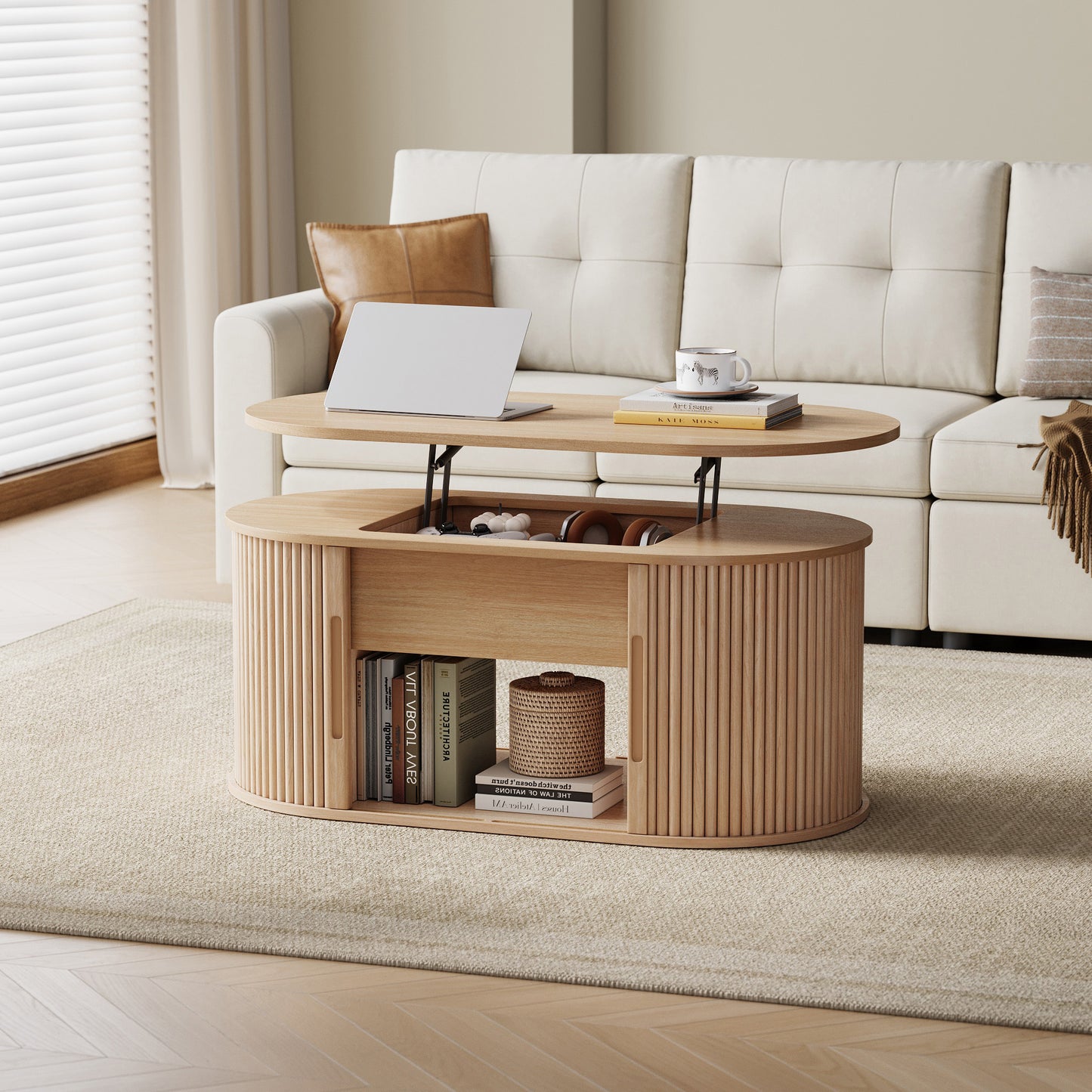 Mid-Century Lift-Top Coffee Table with Fluted Details & Hidden Storage, Sliding Tambour Door