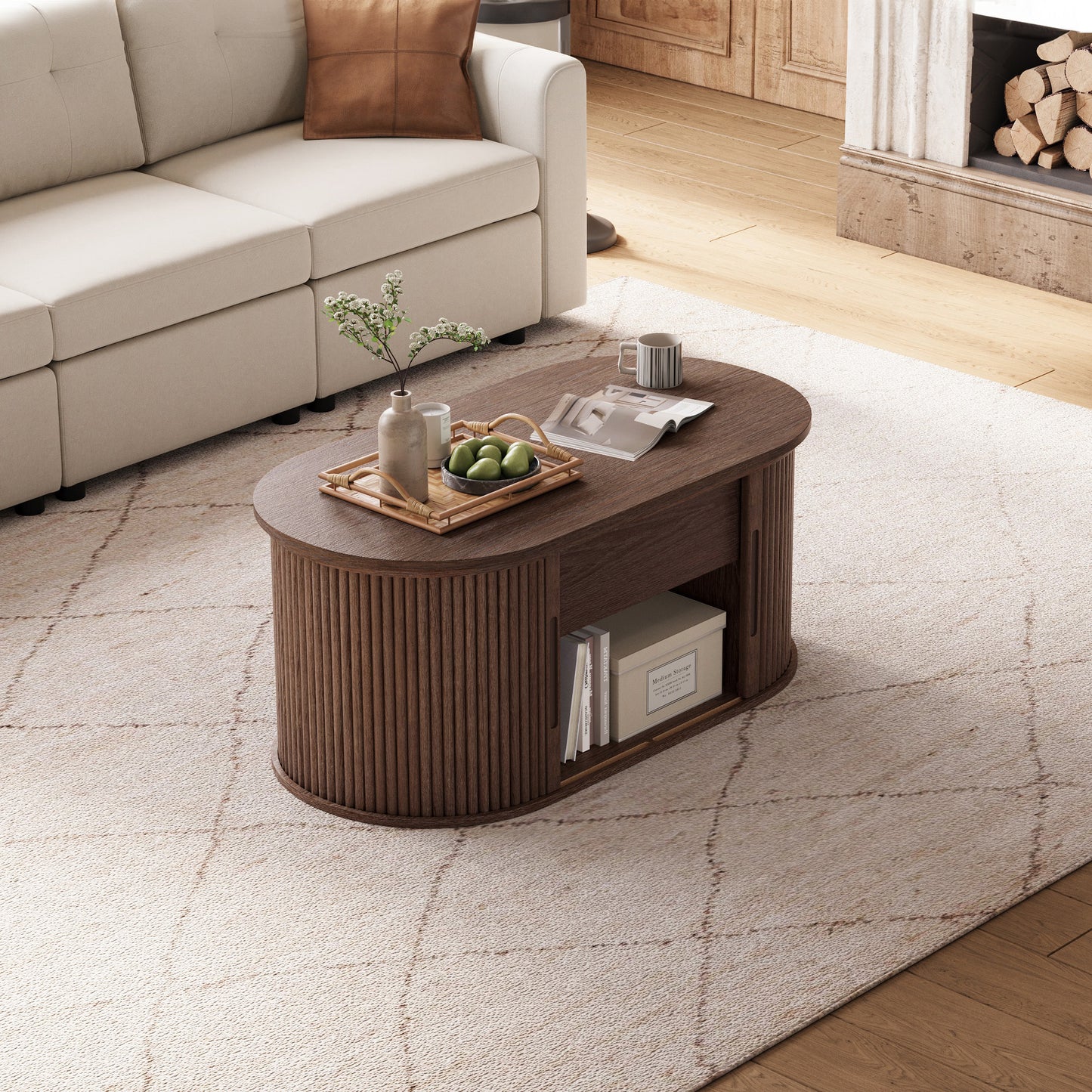 Mid-Century Lift-Top Coffee Table with Fluted Details & Hidden Storage, Sliding Tambour Door