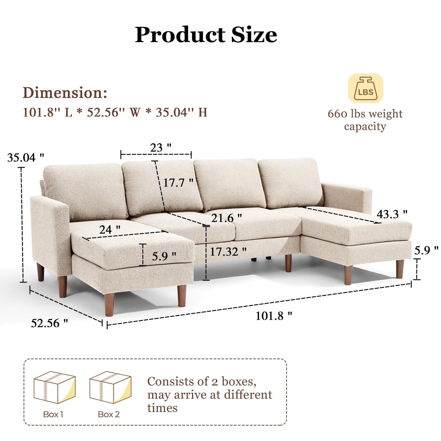 101'' U-Shaped Modular Sectional Sofa for Living Room, Oversized 4 Seats Couch with Double Chaise and 2 Pillows