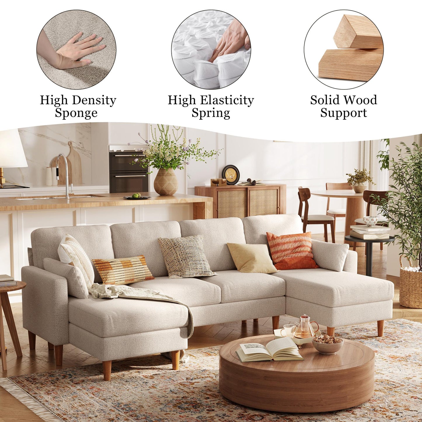 101'' U-Shaped Modular Sectional Sofa for Living Room, Oversized 4 Seats Couch with Double Chaise and 2 Pillows