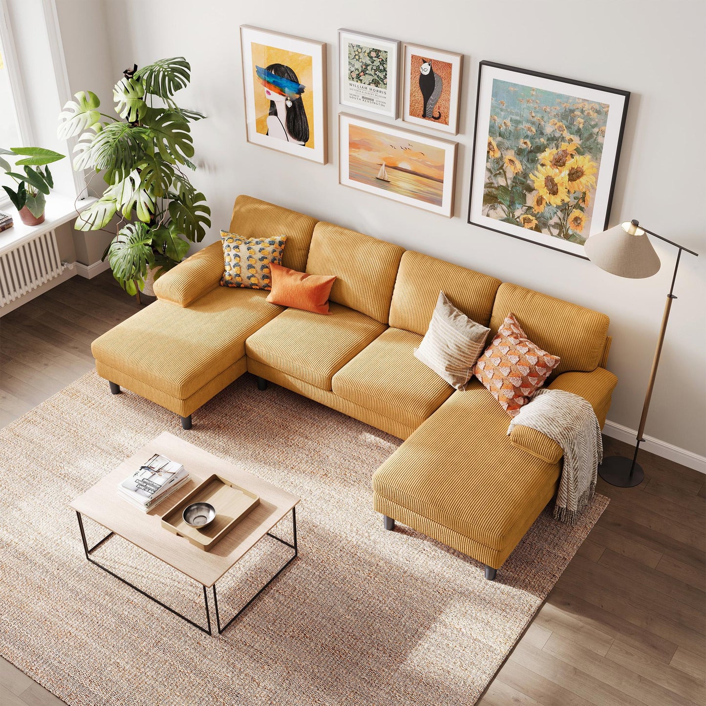 111.02" Corduroy Fabric U-Shaped Sectional Sofa, 4-Seat Sofa Set for Living Room