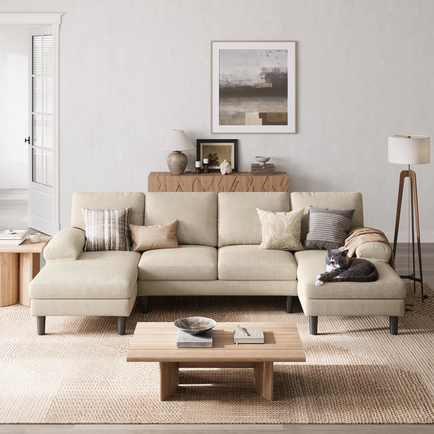 111.02" Corduroy Fabric U-Shaped Sectional Sofa, 4-Seat Sofa Set for Living Room