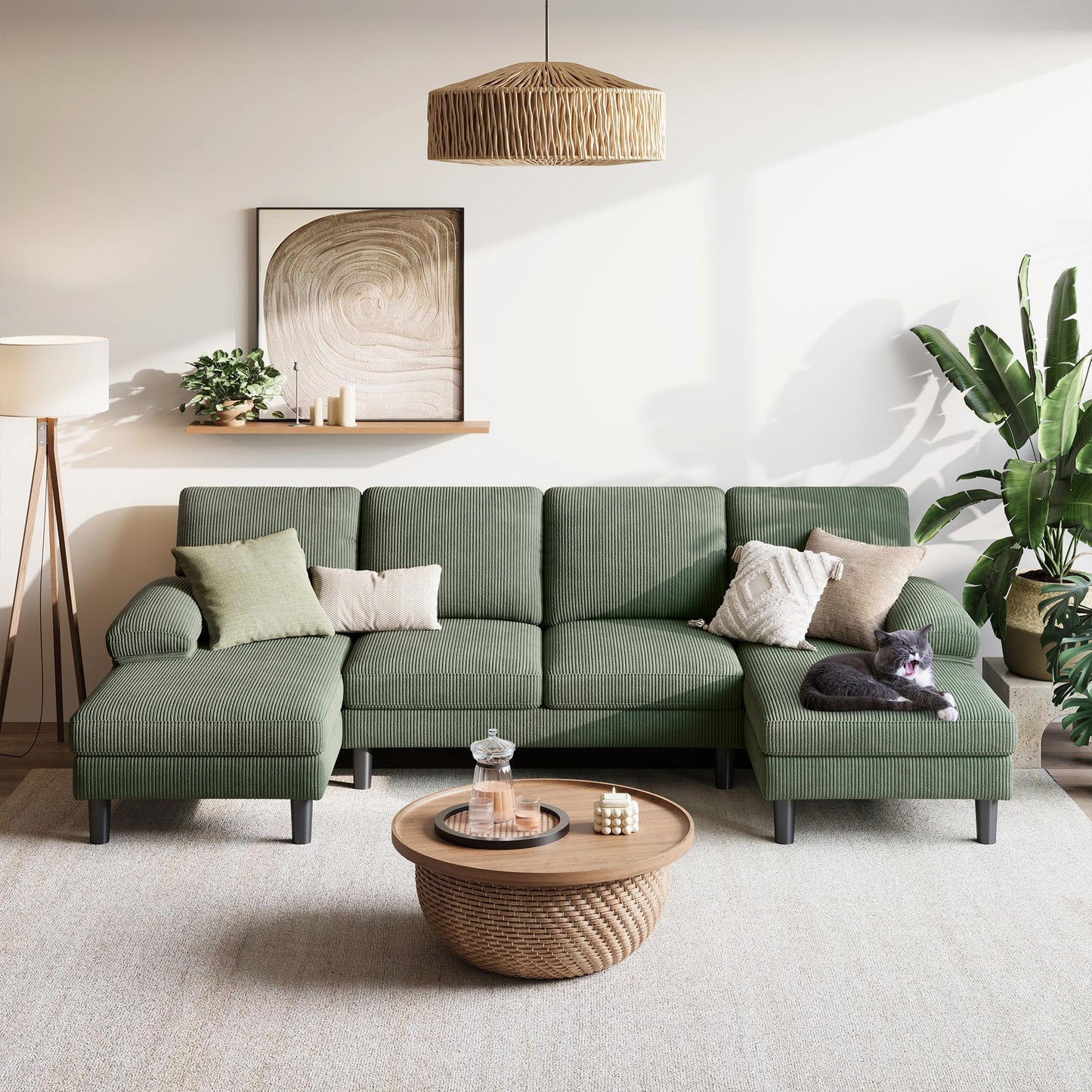 111.02" Corduroy Fabric U-Shaped Sectional Sofa, 4-Seat Sofa Set for Living Room