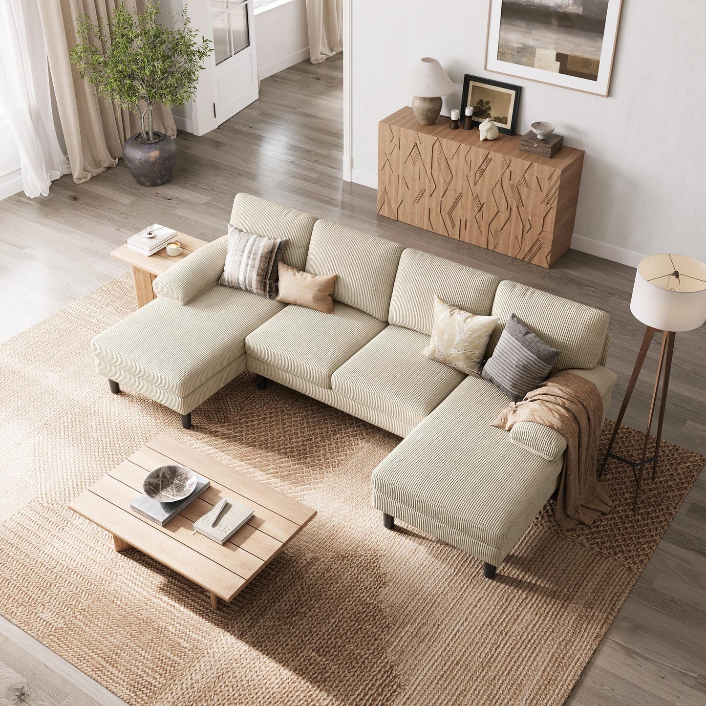111.02" Corduroy Fabric U-Shaped Sectional Sofa, 4-Seat Sofa Set for Living Room