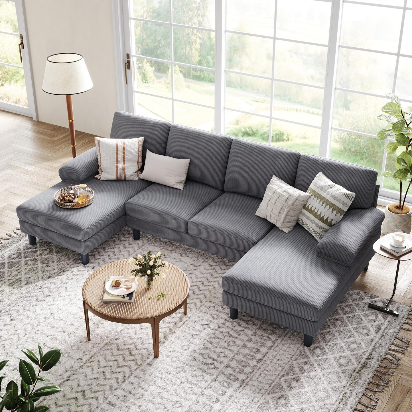 111.02" Corduroy Fabric U-Shaped Sectional Sofa, 4-Seat Sofa Set for Living Room