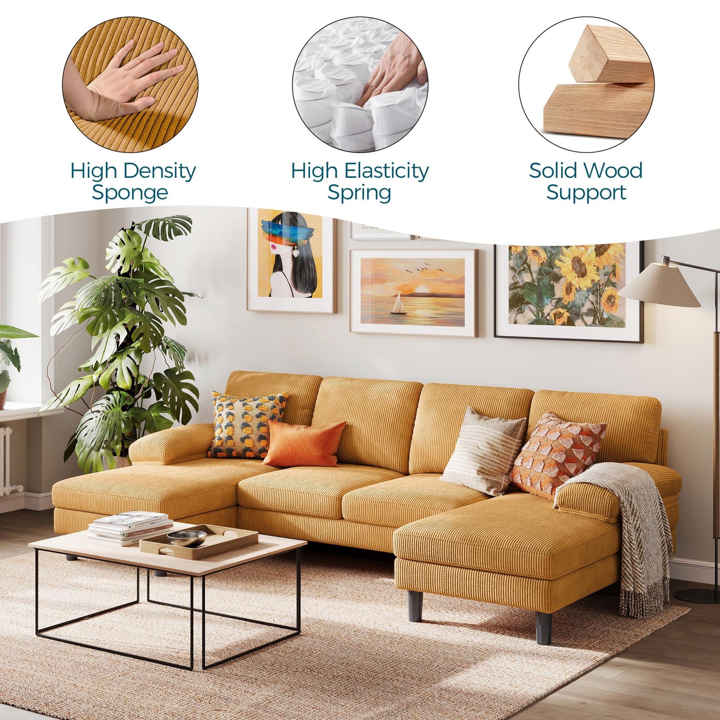 111.02" Corduroy Fabric U-Shaped Sectional Sofa, 4-Seat Sofa Set for Living Room