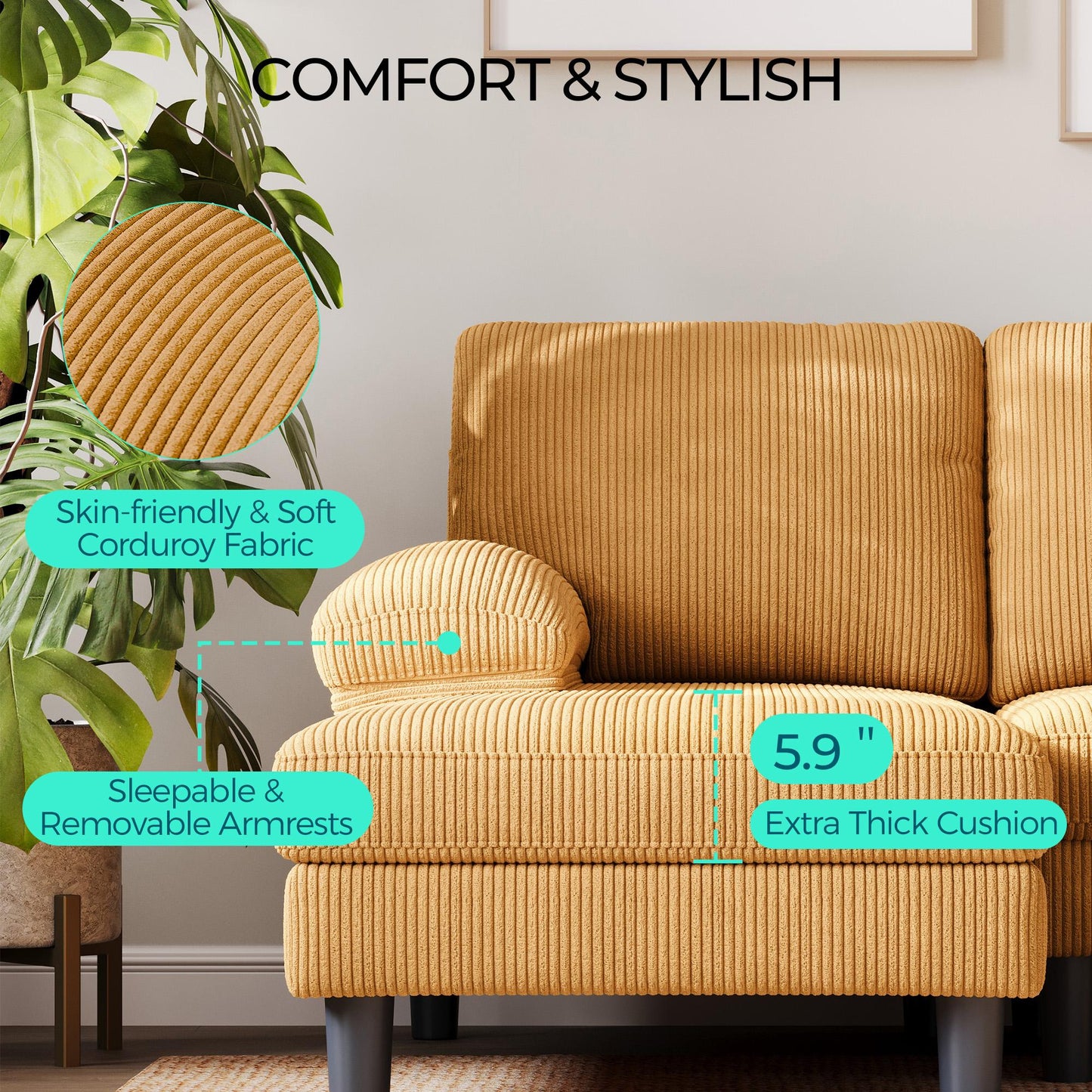 111.02" Corduroy Fabric U-Shaped Sectional Sofa, 4-Seat Sofa Set for Living Room