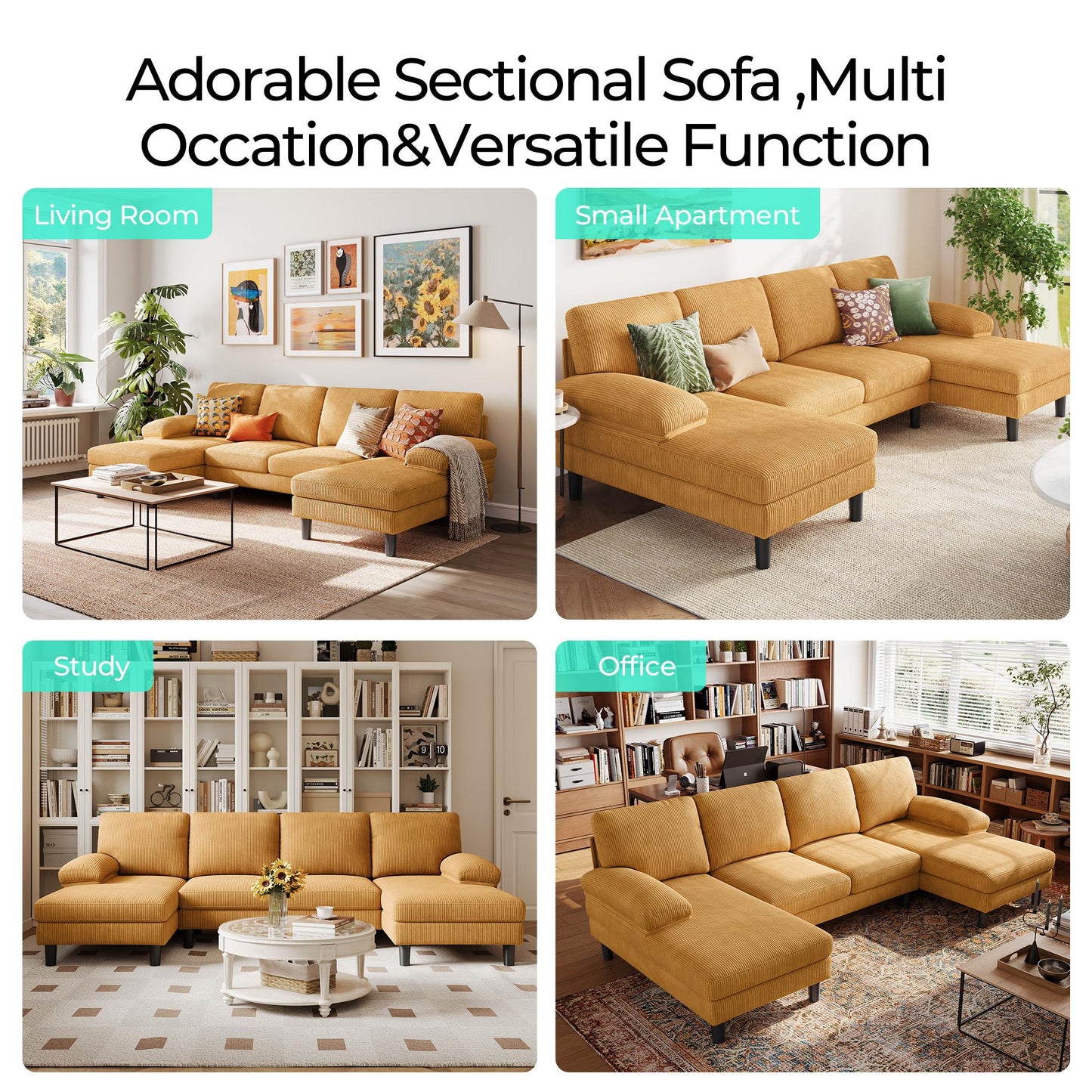 111.02" Corduroy Fabric U-Shaped Sectional Sofa, 4-Seat Sofa Set for Living Room