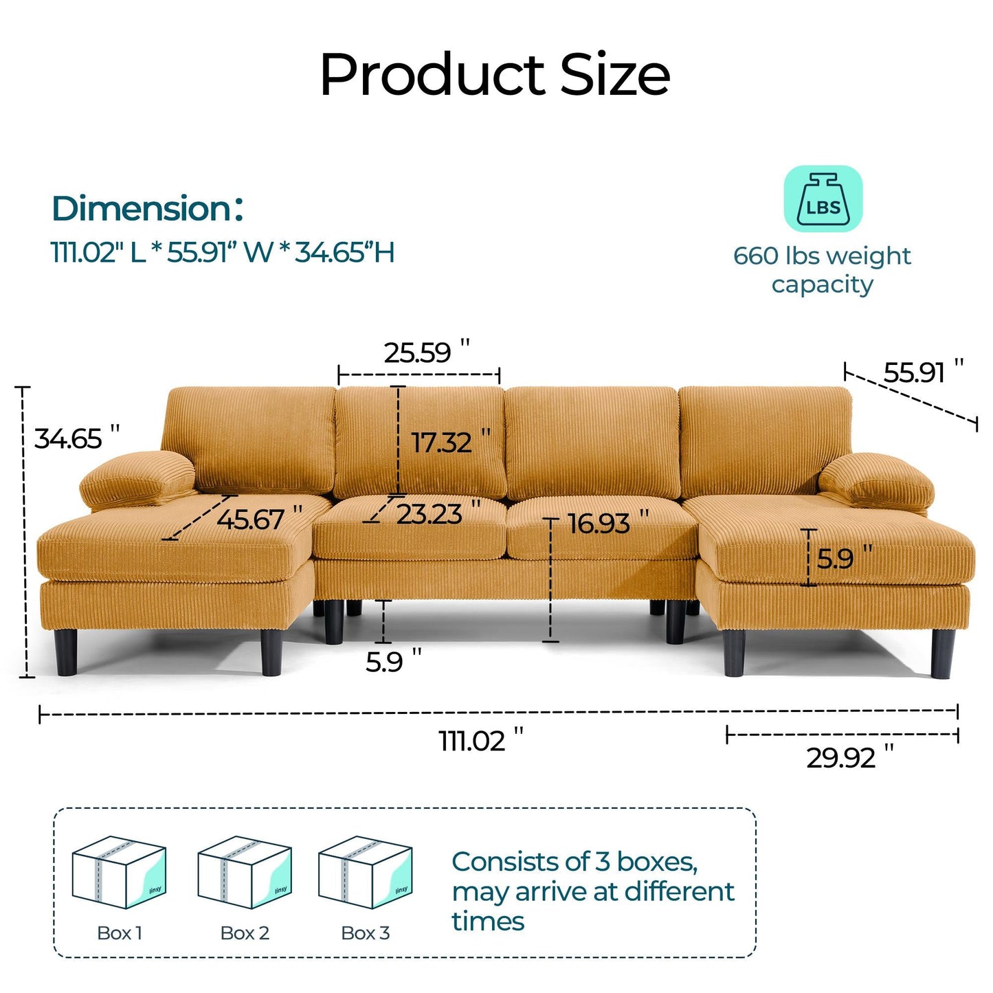 111.02" Corduroy Fabric U-Shaped Sectional Sofa, 4-Seat Sofa Set for Living Room