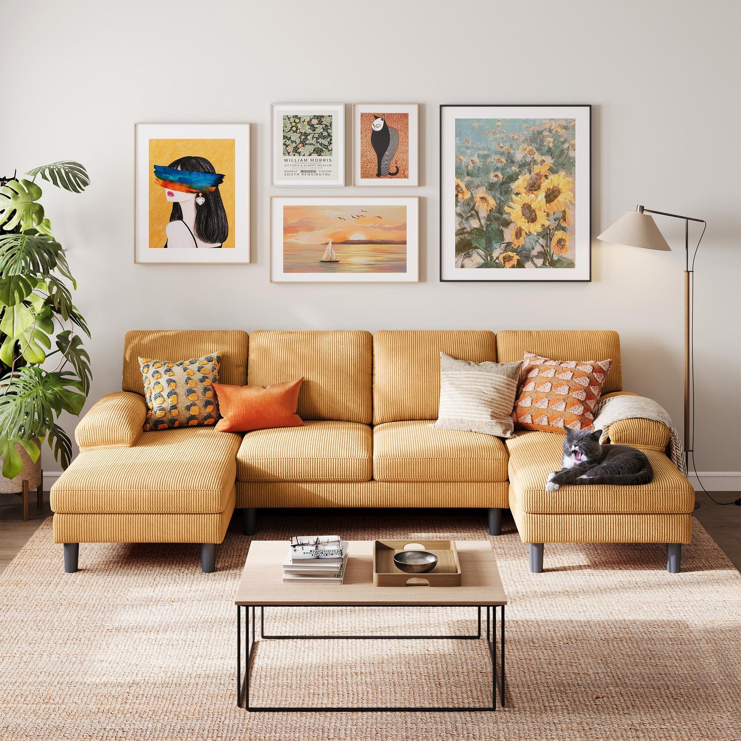 111.02" Corduroy Fabric U-Shaped Sectional Sofa, 4-Seat Sofa Set for Living Room