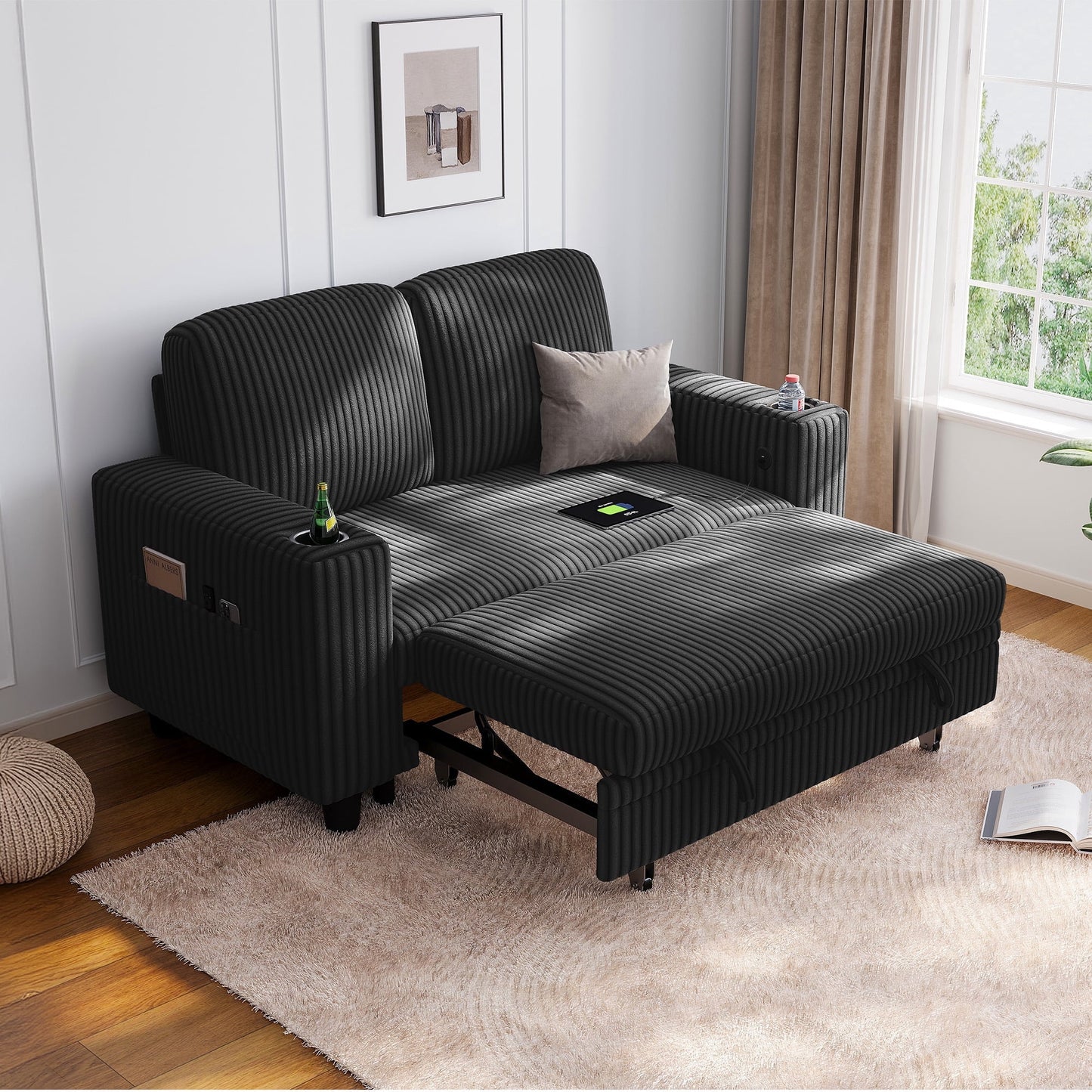 LINSY HOME Pull Out Couch Chaise Lounge for Living Room, Convertible Loveseat Sofa Couch With Usb & Cup Holder