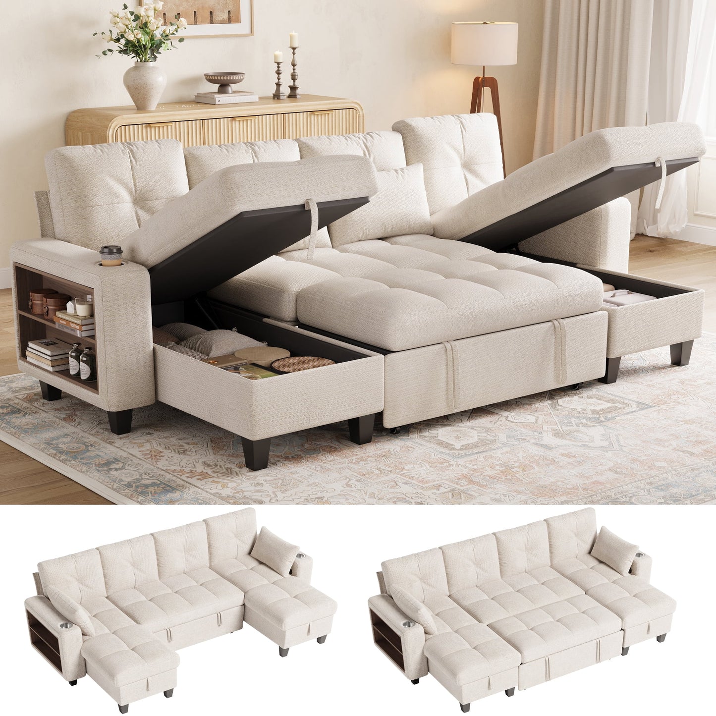 LINSY HOME 109in Modular Sectional Sofa with Pull Out Bed, Multi-functional Armrest & Storage Chaise, 4-Seat Pull Out Couch with Shelves, USB Ports & Cup Holders, Chenille Beige
