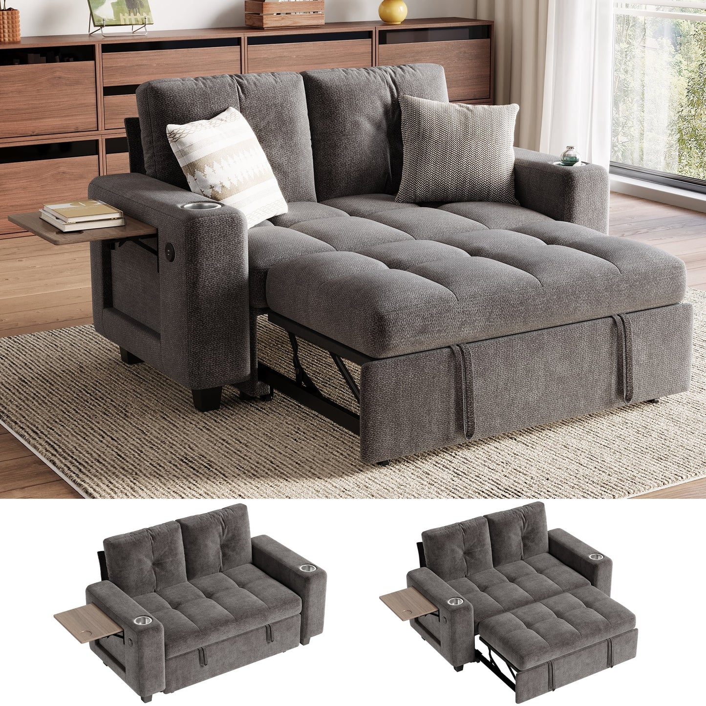 LINSY HOME 57.4in Modular Sectional Sofa with Pull Out Bed & Foldable Side Table for Small Spaces, 2-Seat Sofa Bed with USB Charging for Living Room, Chenille Gray