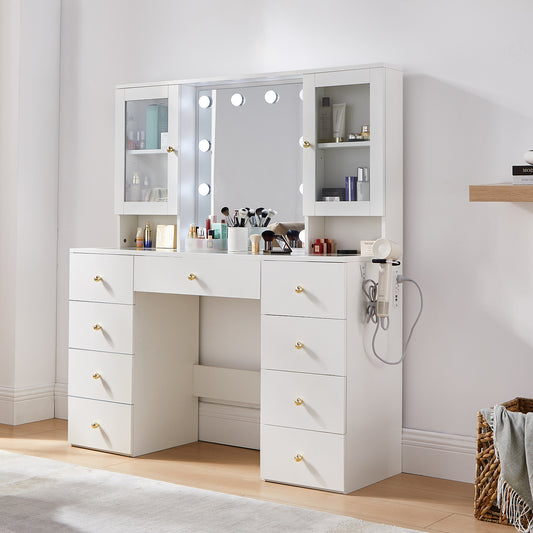 Glass Top 47" Make Up Vanity Desk with Storage, Mirror, Lights and Outlet