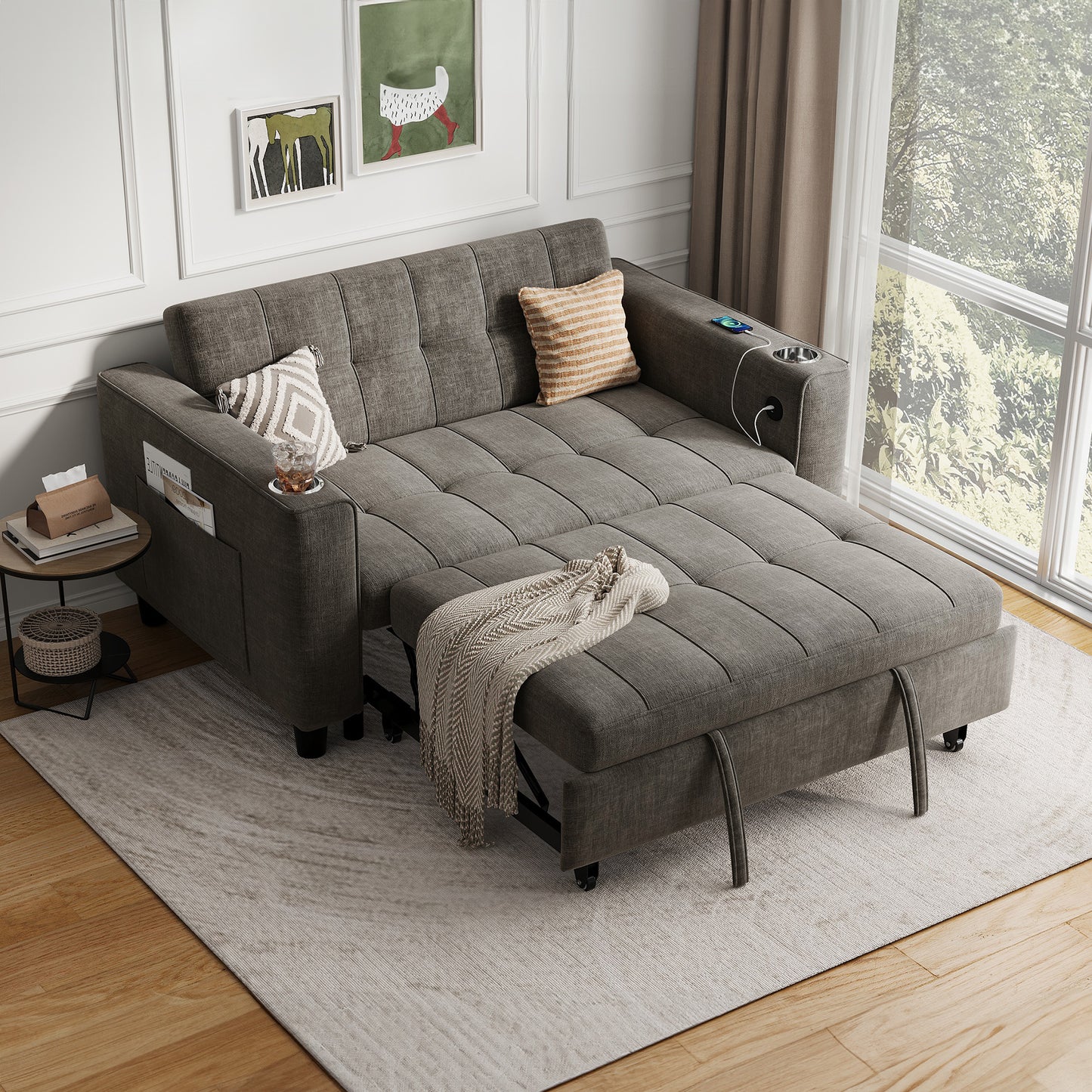 3-in-1 Convertible Sofa Bed, 54" Pull Out Sleeper Sofa with Charging Station & Cup Holder
