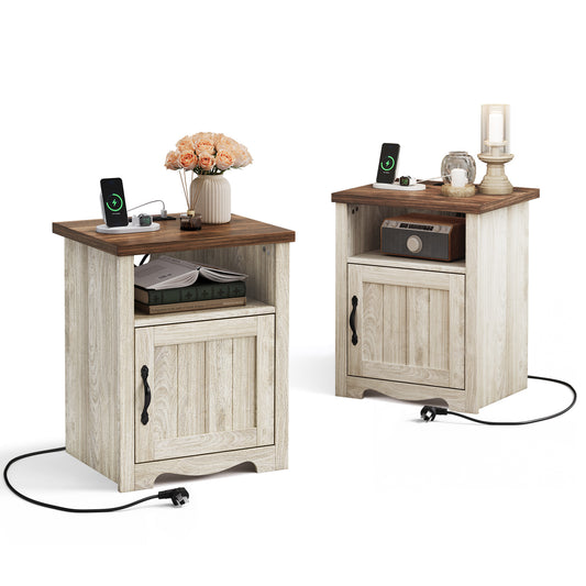 Farmhouse Nightstand, End Table  with Build-in Charging Station for Bedroom, Living room