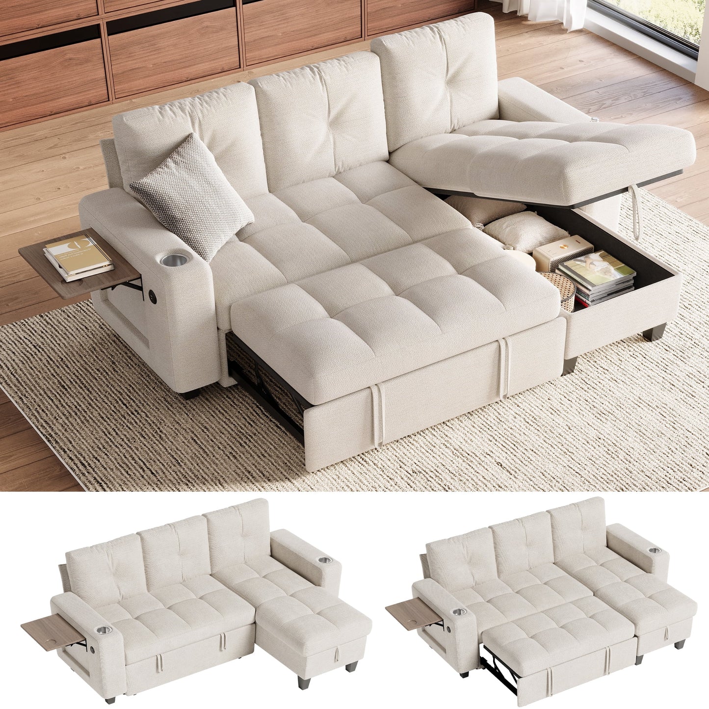 LINSY HOME 83in Modular Sectional Sofa with Pull Out Bed, Foldable Side Table & Storage Chaise, 3-Seat L Shape Couch with USB Charging for Living Room, Chenille Beige