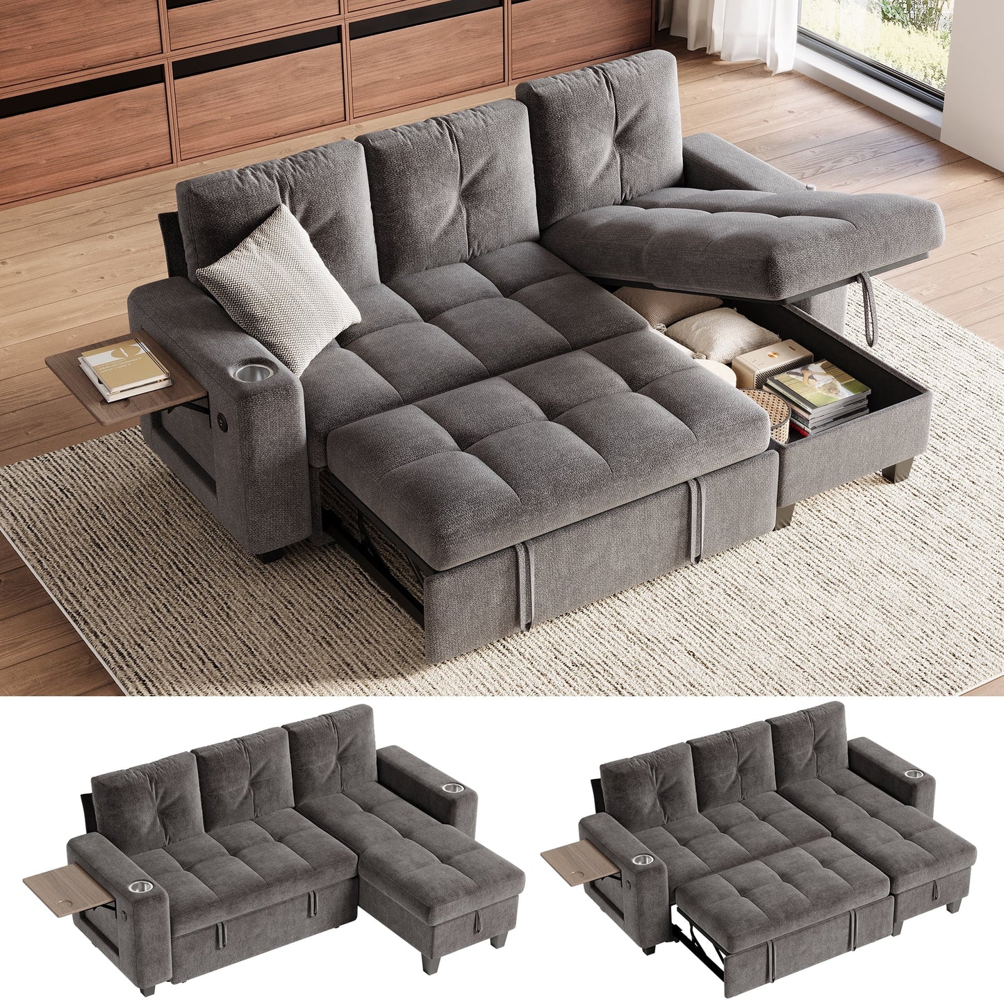 LINSY HOME 83in Modular Sectional Sofa with Pull Out Bed, Foldable Side Table & Storage Chaise, 3-Seat L Shape Couch with USB Charging for Living Room, Chenille Gray