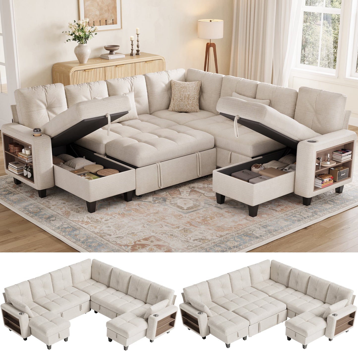 LINSY HOME 107in Modular Sectional Sofa with Pull Out Bed, Multi-functional Armrest & Storage Chaise, 7-Seat Pull Out Couch with Shelves, USB Ports & Cup Holders, Chenille Beige