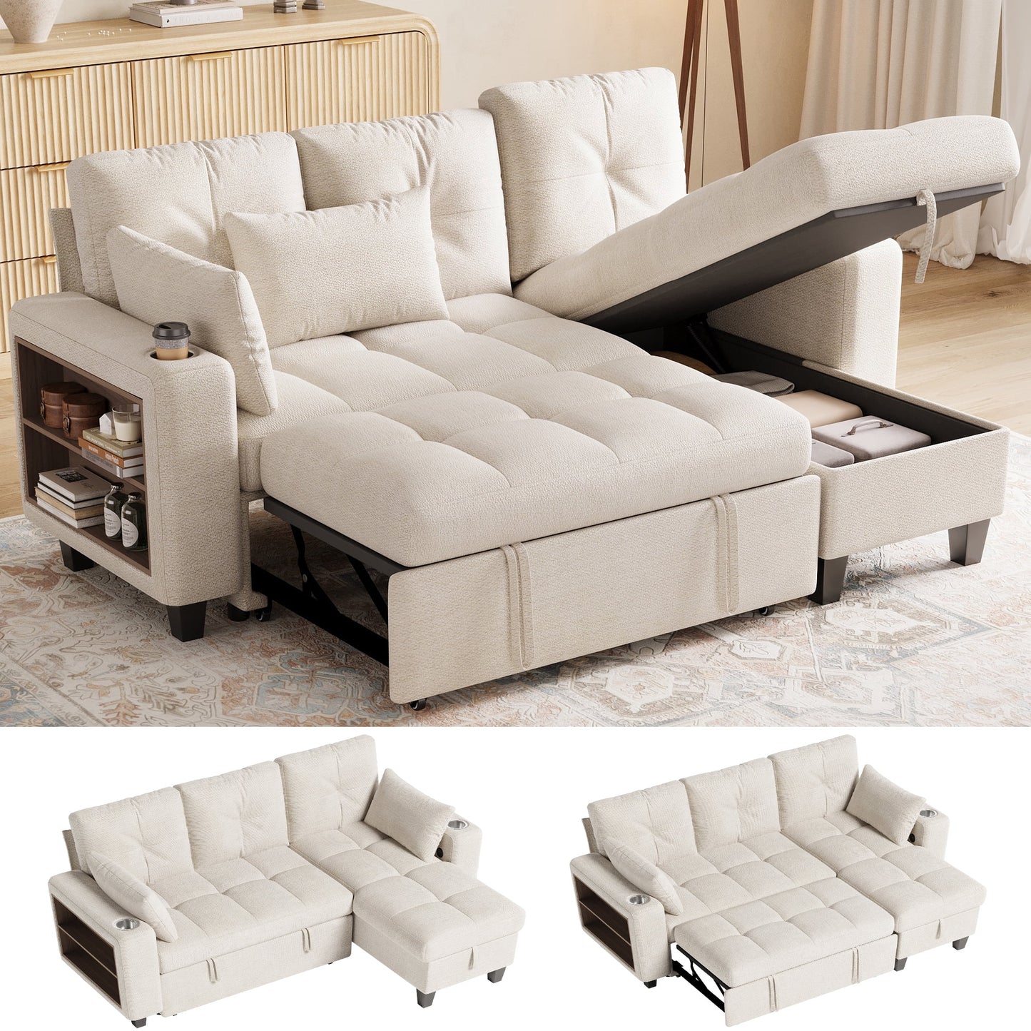 LINSY HOME 83in Modular Sectional Sofa with Pull Out Bed, Multi-functional Armrest & Storage Chaise, 3-Seat Pull Out Couch with Shelves, USB Ports & Cup Holders, Chenille Beige