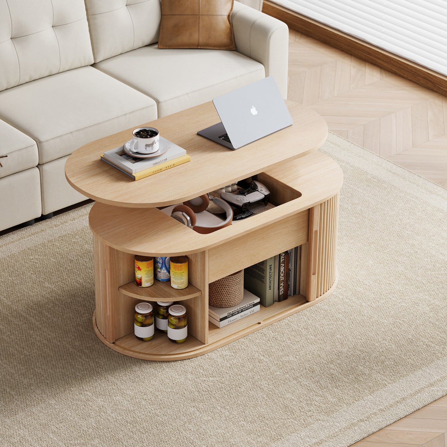 Mid-Century Lift-Top Coffee Table with Fluted Details & Hidden Storage, Sliding Tambour Door