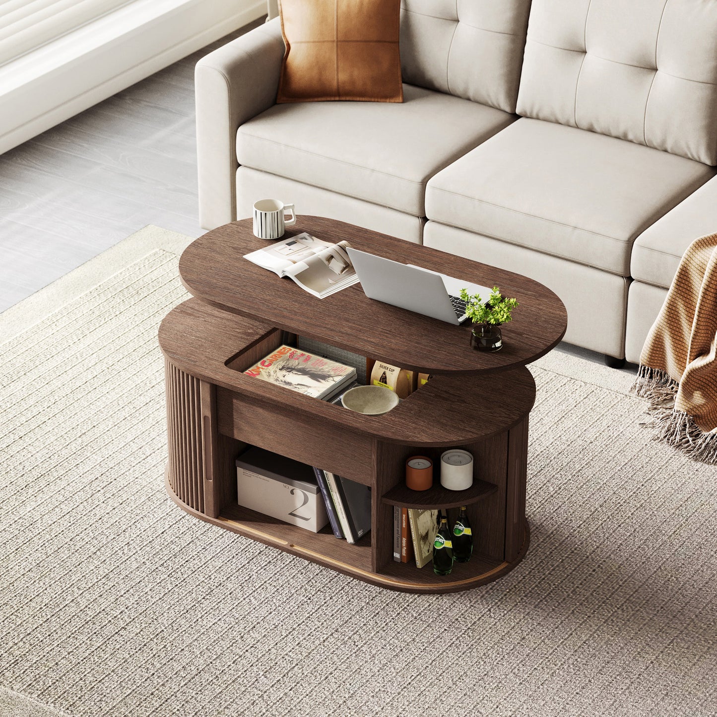 Mid-Century Lift-Top Coffee Table with Fluted Details & Hidden Storage, Sliding Tambour Door