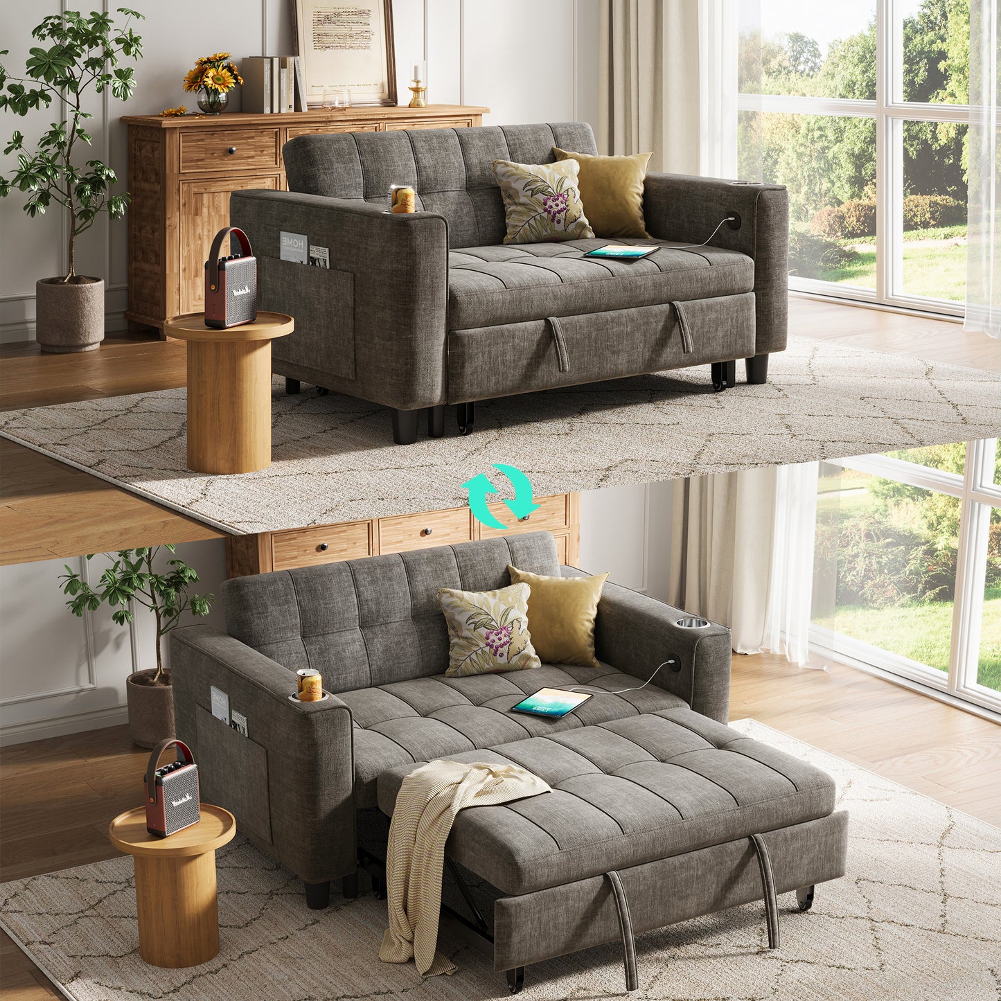3-in-1 Convertible Sofa Bed, 54" Pull Out Sleeper Sofa with Charging Station & Cup Holder