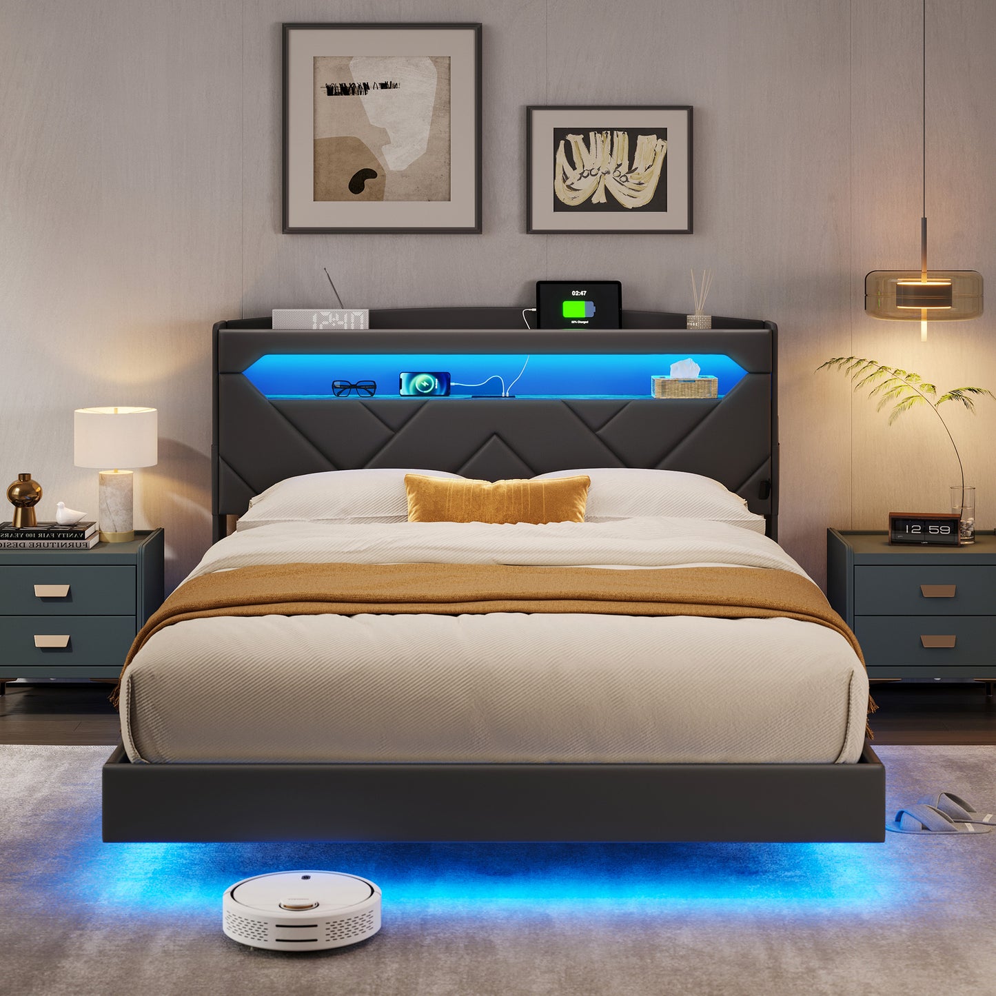 Floating Bed Frame with Headboard, Black Queen Size Bed Frames with Storage