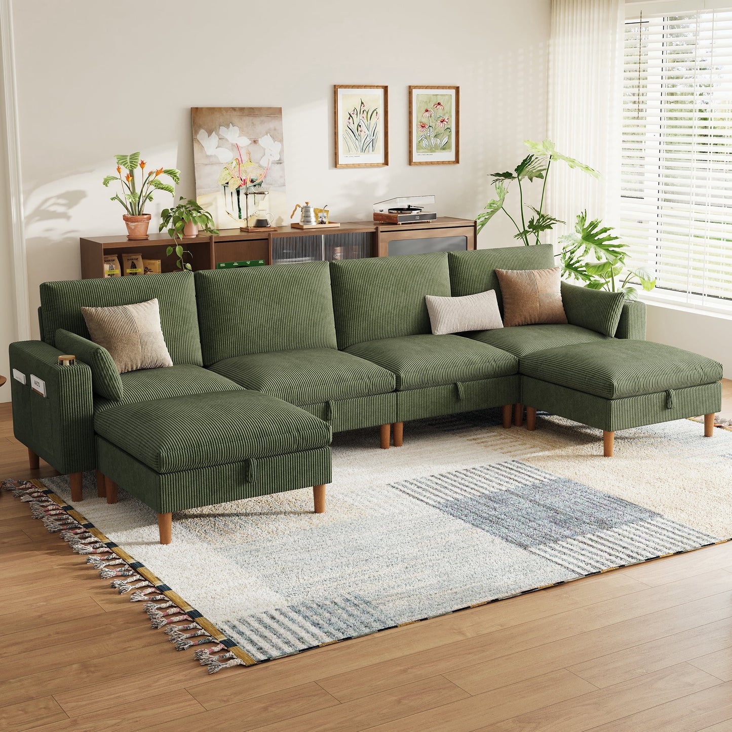 LINSY HOME 142in U shape Modular Sectional Sofa with 2 Movable Ottomans, Corduroy 4-Seat Deep Seat Couches with USB Charging Port, Side Pocket & Cup Holder for Living Room Apartment Office