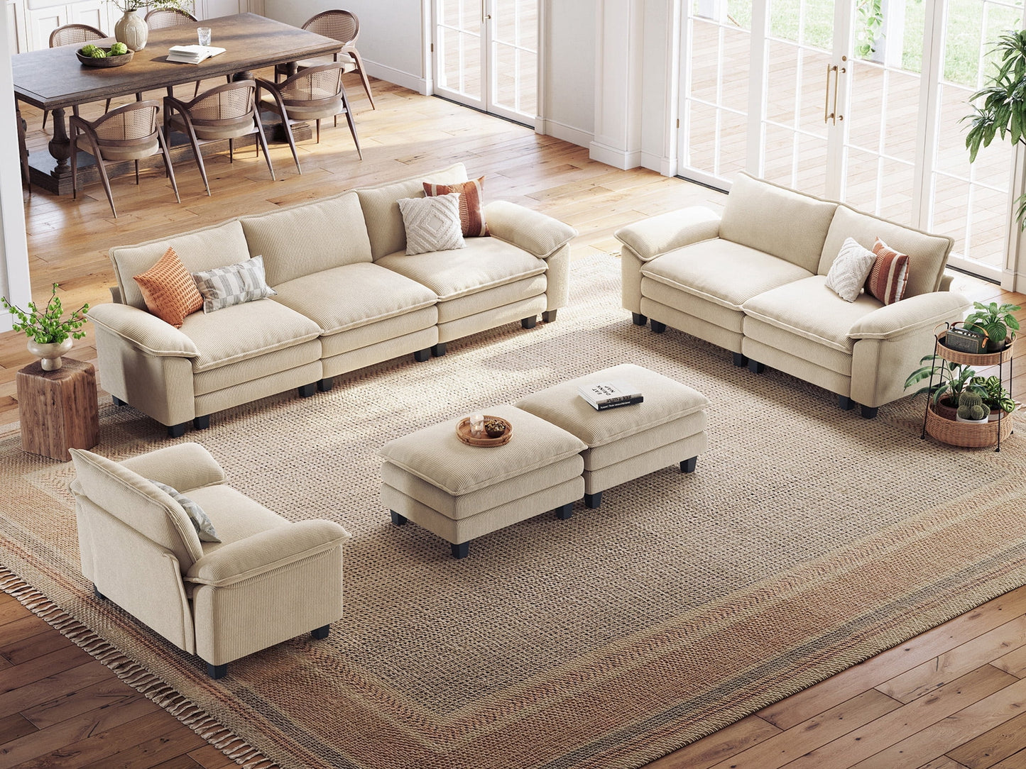 Linsy Home Oversized 5-Piece Sofa Set for Living Room, Comfy Corduroy Living Room Furniture Set Include Sectional Couch, Loveseat, Accent Chair and 2 Movable Ottomans
