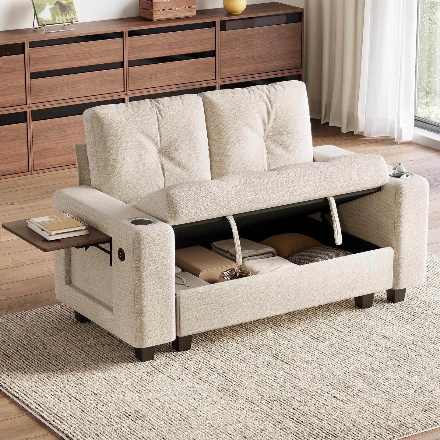 LINSY HOME 57.4in Modular Sectional Loveseat Sofa with Storage & Foldable Side Table for Small Spaces, 2-Seat Sofa with USB Charging for Living Room, Chenille Beige