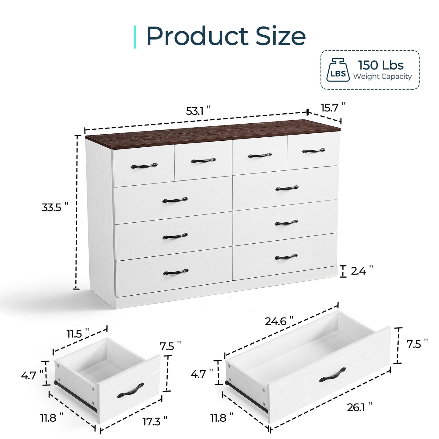 Modern 54" Wide Dresser & Chest of Drawers, Wood & Metal Design, Doubles as TV Stand, Storage for Bedroom & Living Room