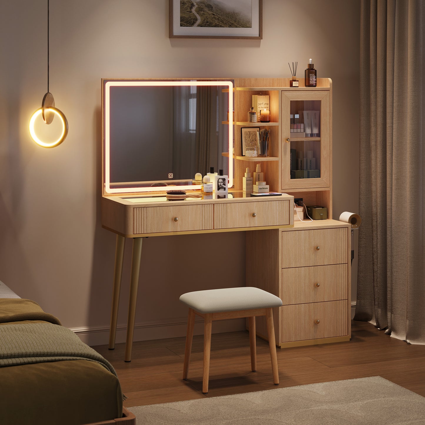 Makeup Vanity Desk with Mirror, Adjustable 3-Color LED and Charging Outlet
