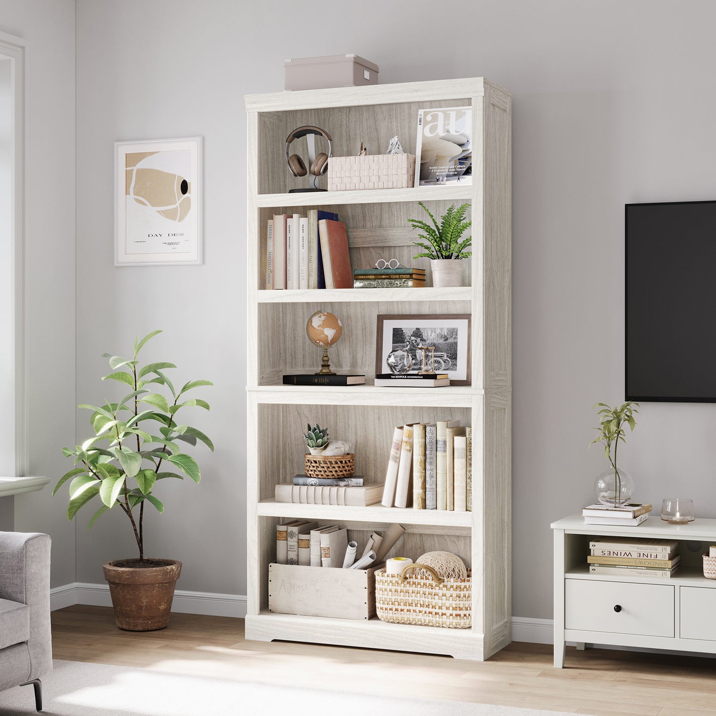 68 in 5 Tier Bookshelf, Tall Bookcase Shelf Storage Organizer, Modern Book Shelf for Bedroom