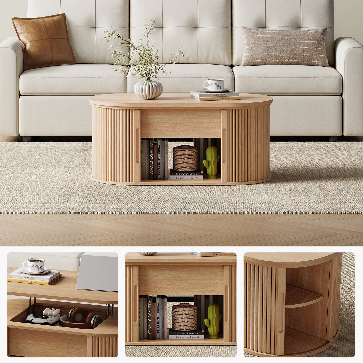 Mid-Century Lift-Top Coffee Table with Fluted Details & Hidden Storage, Sliding Tambour Door