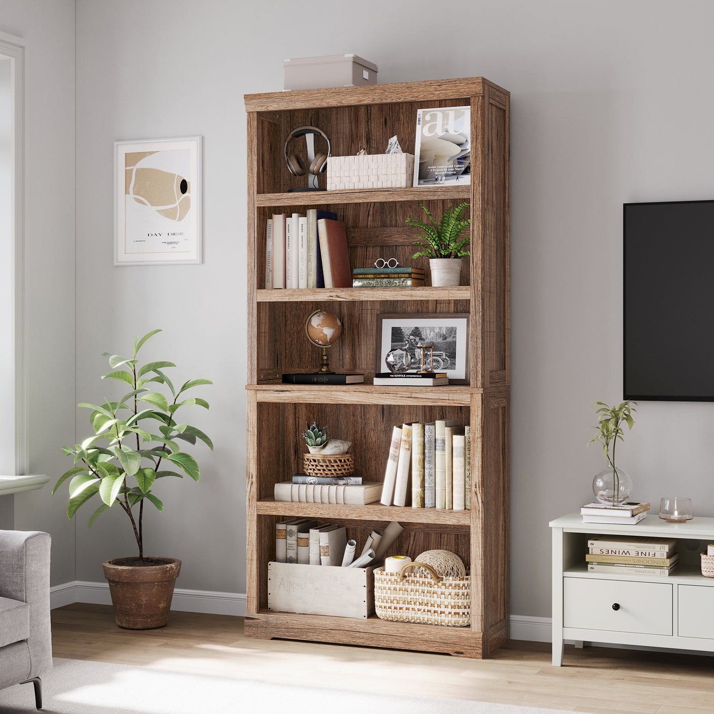 68 in 5 Tier Bookshelf, Tall Bookcase Shelf Storage Organizer, Modern Book Shelf for Bedroom