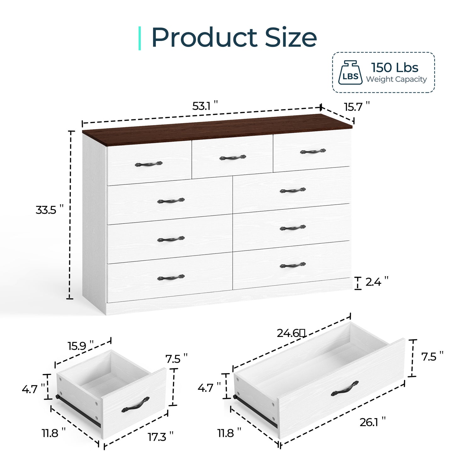 Modern 54" Wide Dresser & Chest of Drawers, Wood & Metal Design, Doubles as TV Stand, Storage for Bedroom & Living Room