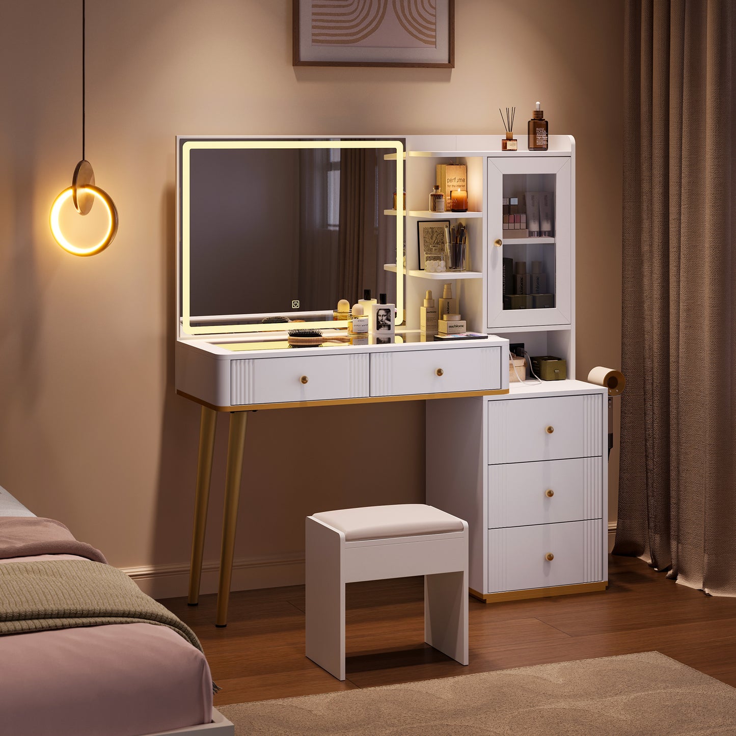 Makeup Vanity Desk with Mirror, Adjustable 3-Color LED and Charging Outlet