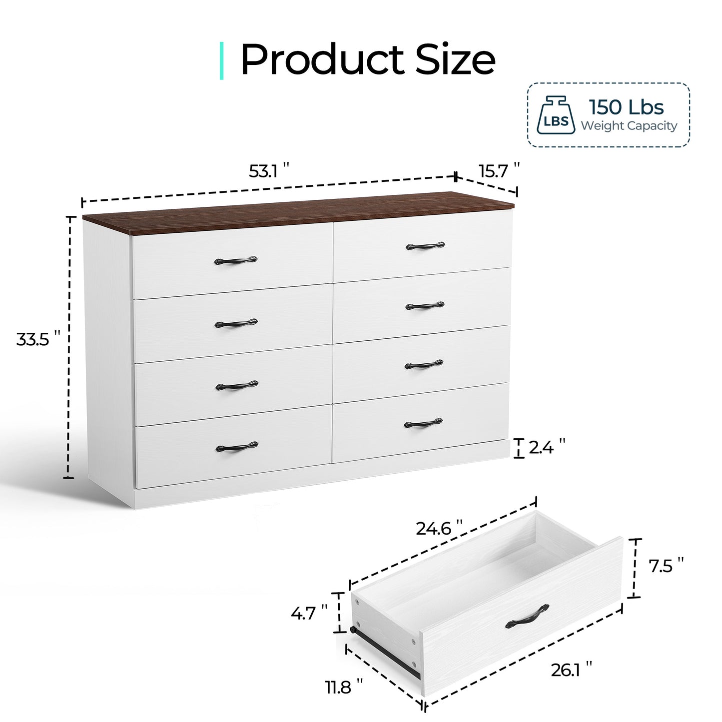 Modern 54" Wide Dresser & Chest of Drawers, Wood & Metal Design, Doubles as TV Stand, Storage for Bedroom & Living Room