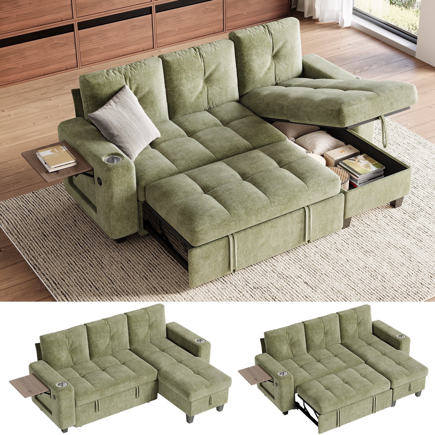 LINSY HOME 83in Modular Sectional Sofa with Pull Out Bed, Foldable Side Table & Storage Chaise, 3-Seat L Shape Couch with USB Charging for Living Room, Chenille Green