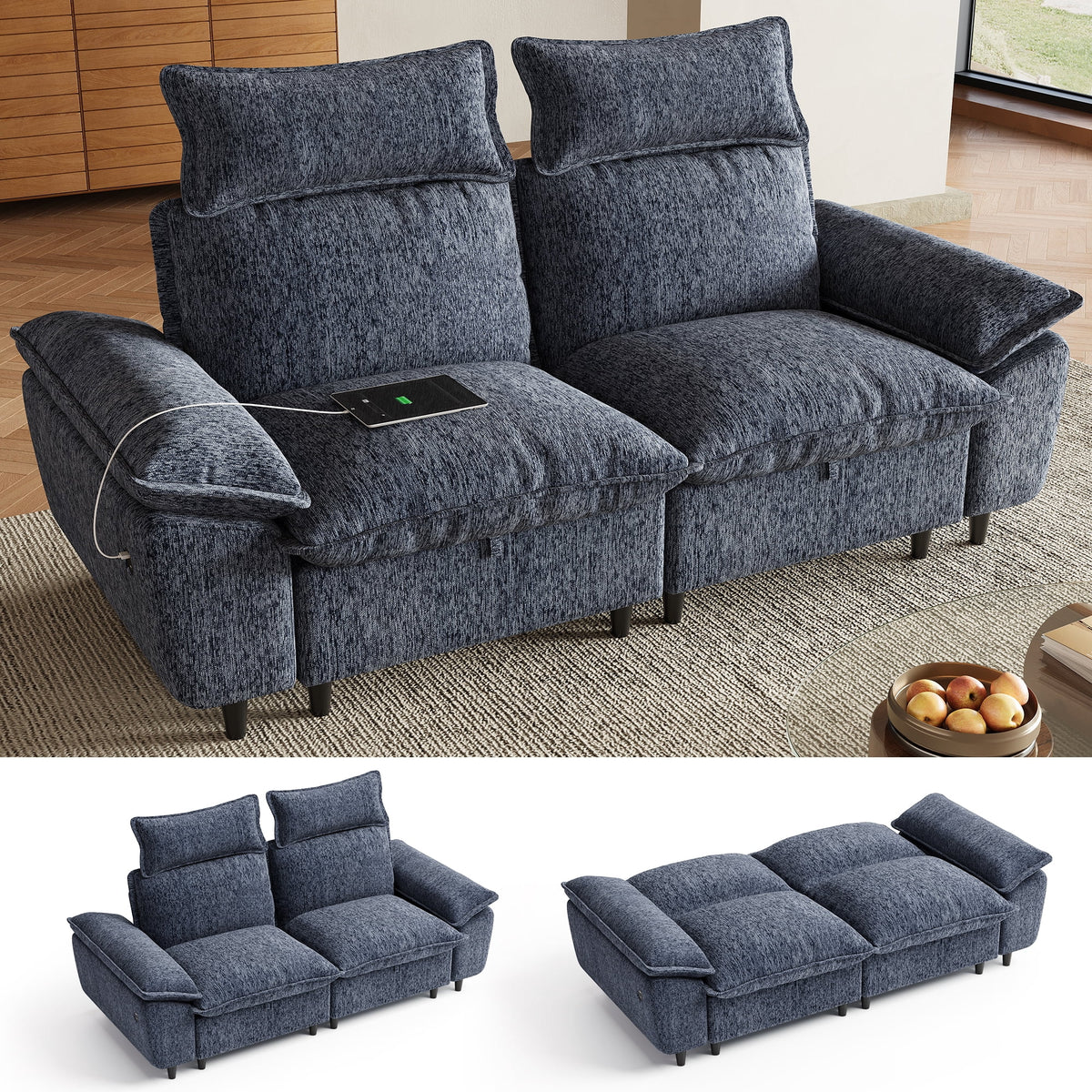 LINSY HOME 78in Sectional Sleeper Sofa with Adjustable Backrests, Chenille Convertible Sofa Bed with Storage, Removable Headrest & USB Charging for Living Room, Dark Blue
