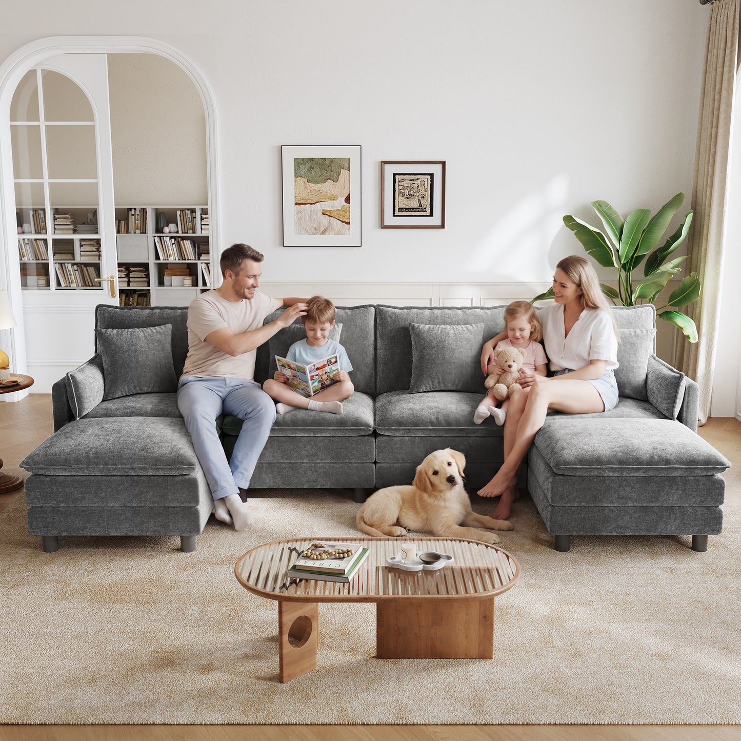 LINSY HOME HS066 Modular Sofa, 3 Seater with Ottoman for Living Room Sofa, Sectional Sofa Couch for Big House, Green
