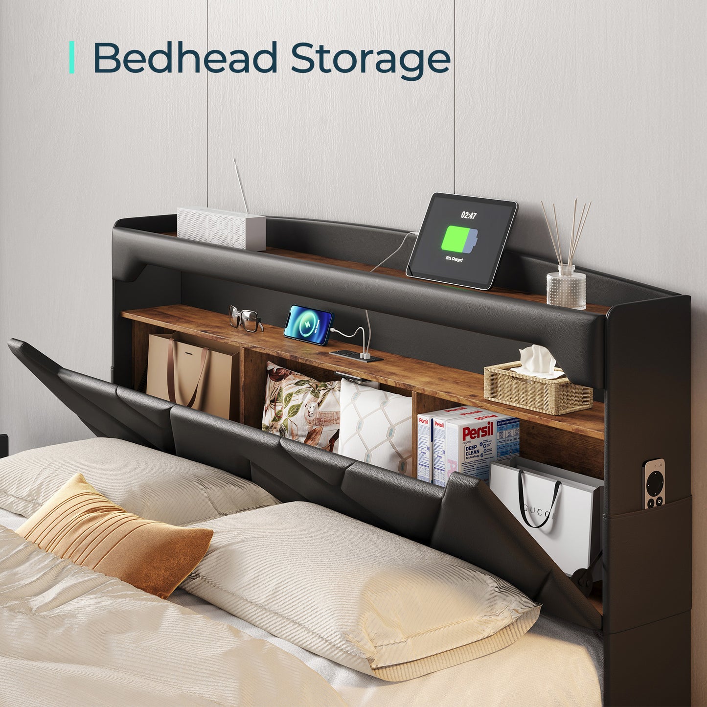 Floating Bed Frame with Headboard, Black Queen Size Bed Frames with Storage