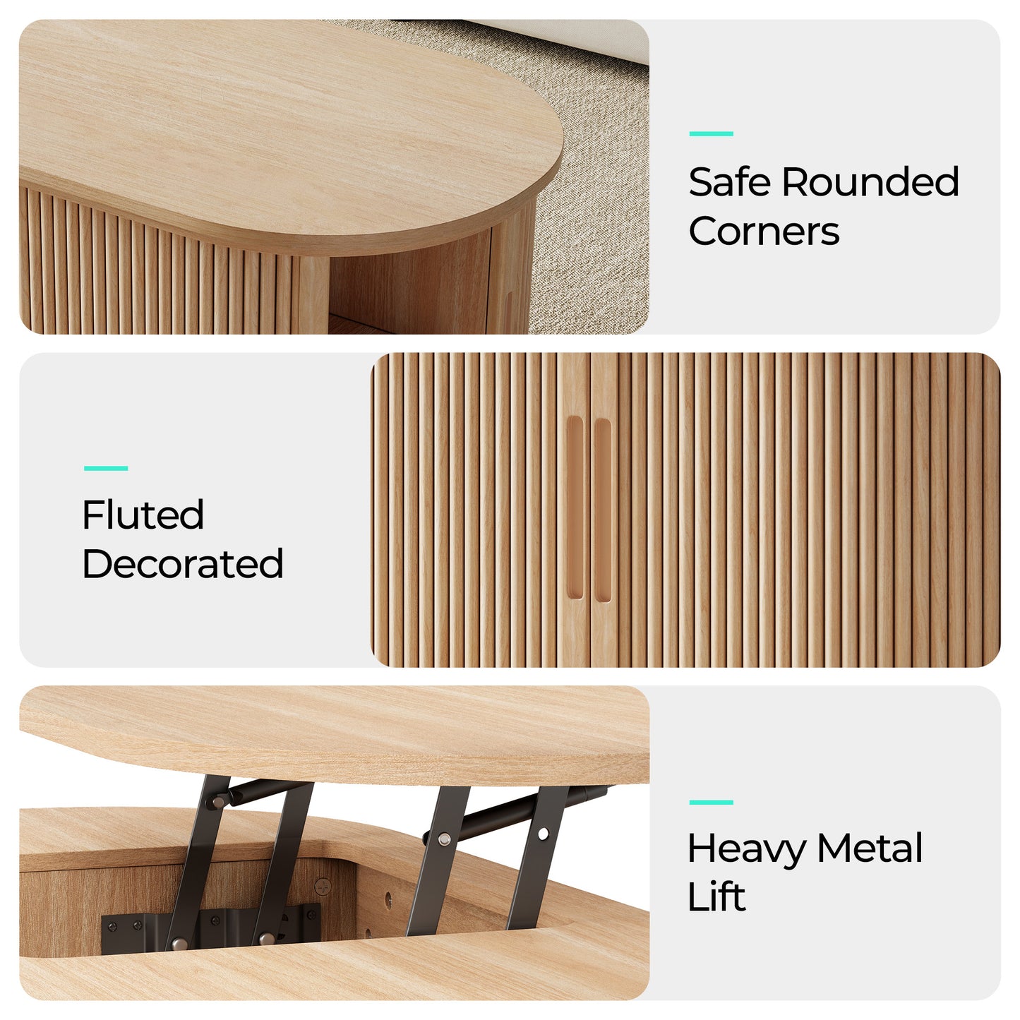 Mid-Century Lift-Top Coffee Table with Fluted Details & Hidden Storage, Sliding Tambour Door