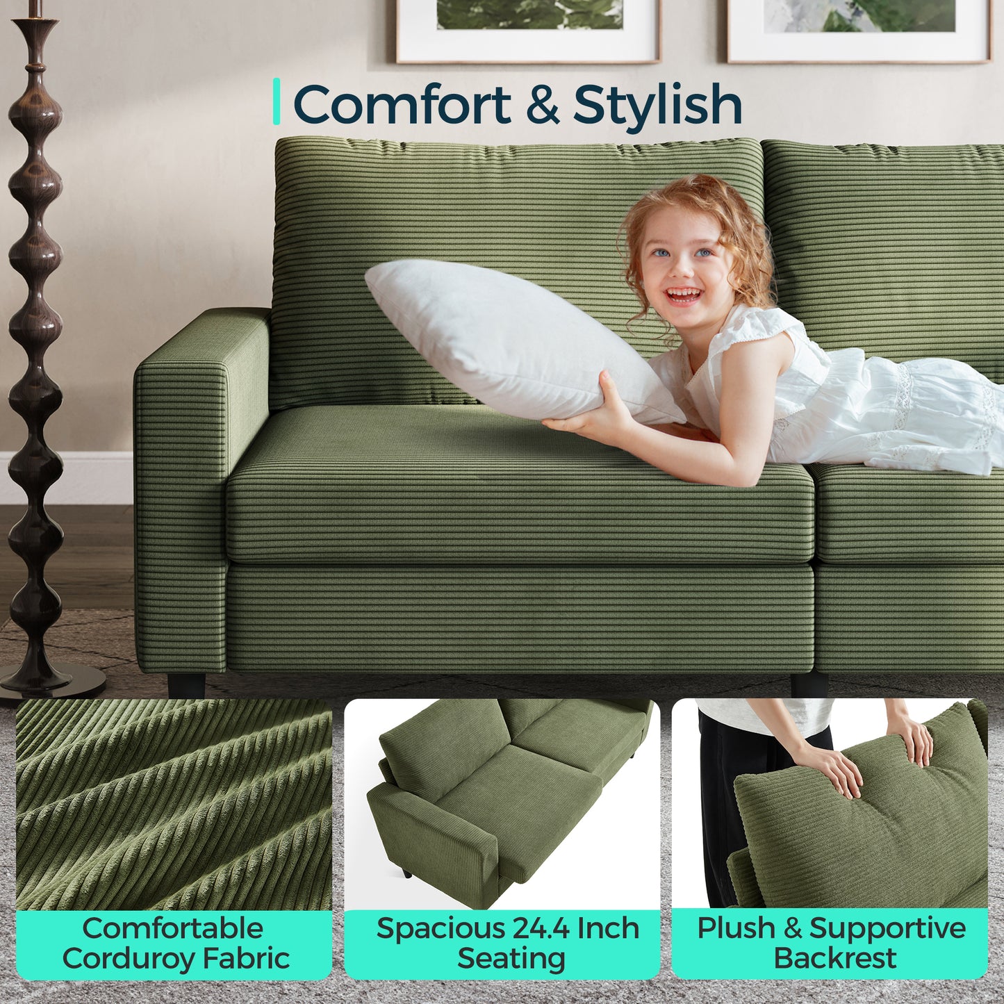 79'' Corduroy Loveseat Sofa – Adjustable Deep Seat Couch for Living Room, Bedroom, or Office