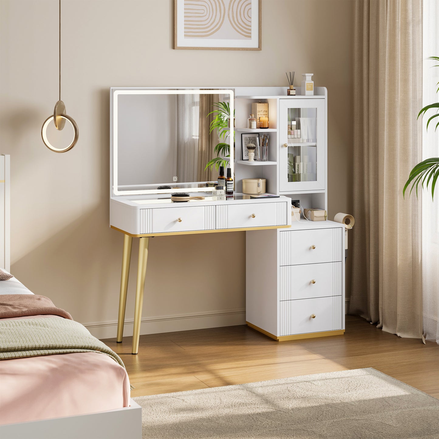 Makeup Vanity Desk with Mirror, Adjustable 3-Color LED and Charging Outlet